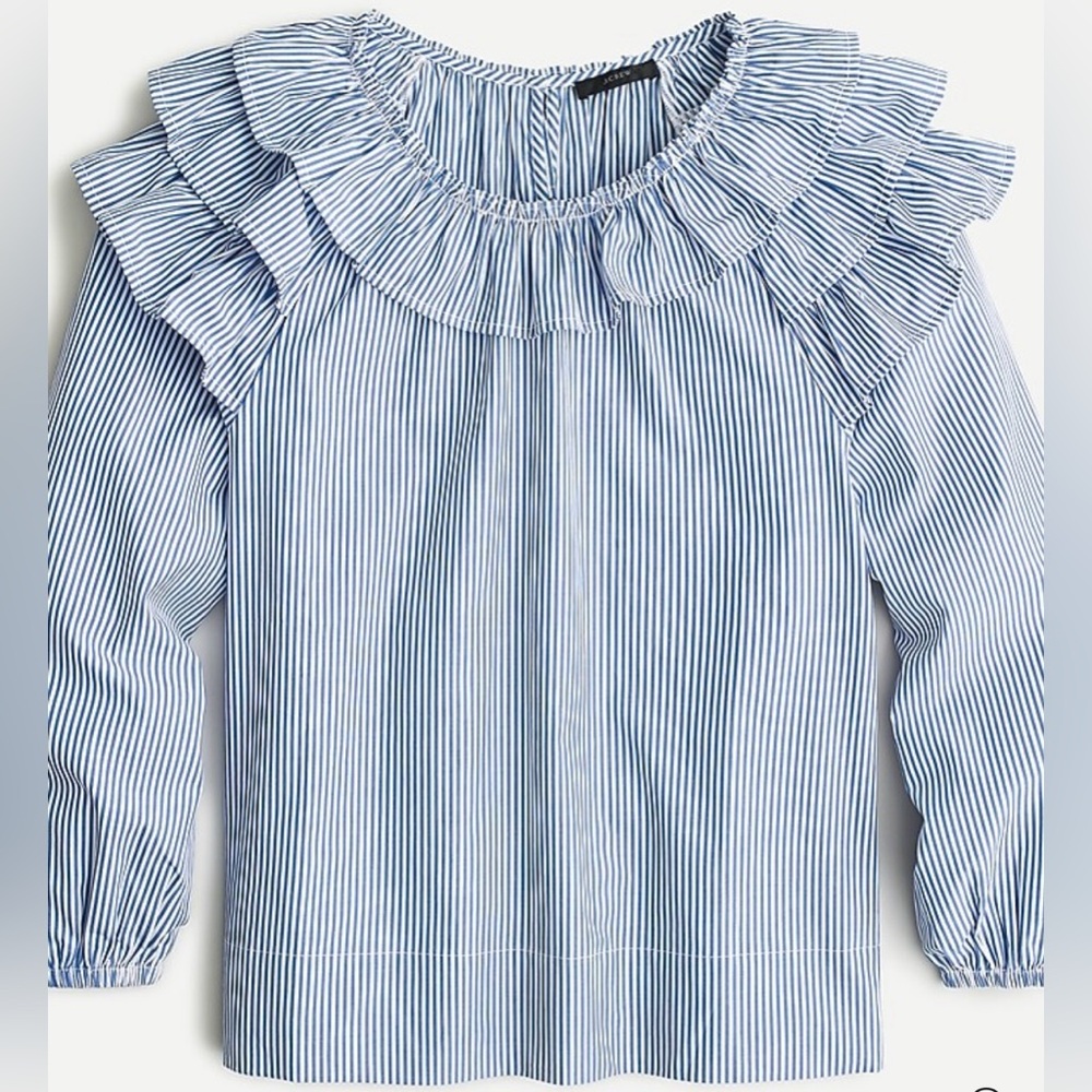 J Crew Ruffle-shoulder top in blue and white stripe blouse size medium